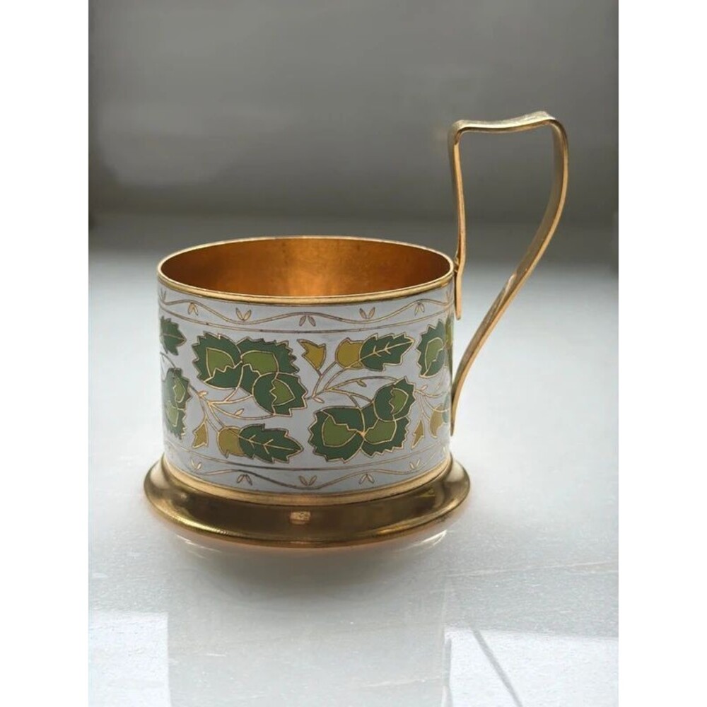 Vintage Russian Soviet Era Enamel Podstakannik tea glass holder
